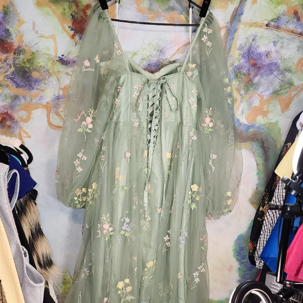 Elegant Floral Fairy Princess Corset Lng Sleeve Maxi Dress in Green Pink Floral - Picture 2 of 14